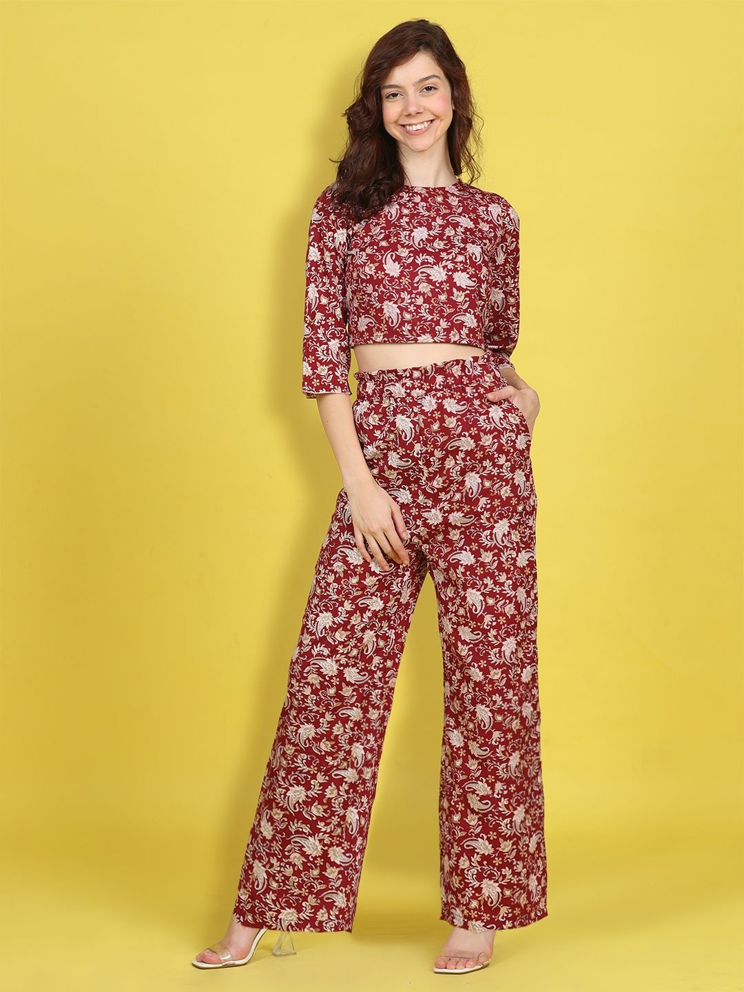 

Cutiekins Printed Round Neck Top With Palazzos Co-Ords, Maroon