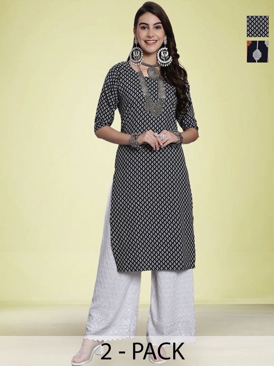 

Moda Rapido Selection of 2 Floral Printed Round Neck Straight Kurtas, Black