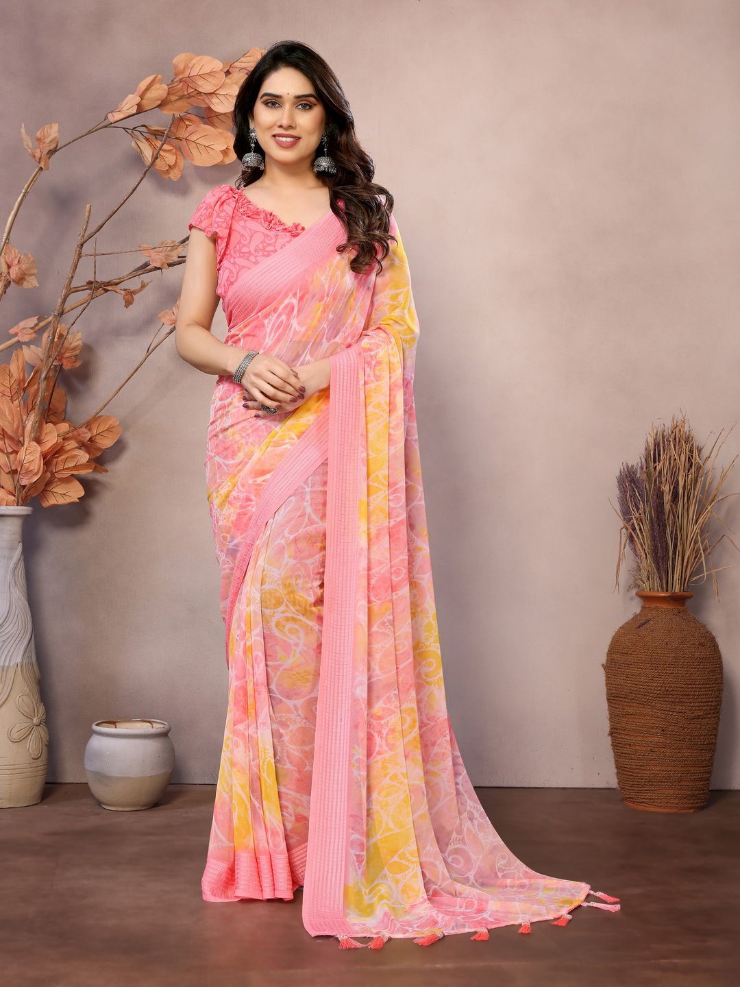 

PEORA'S CLOSET Poly Georgette Leheriya Saree, Peach