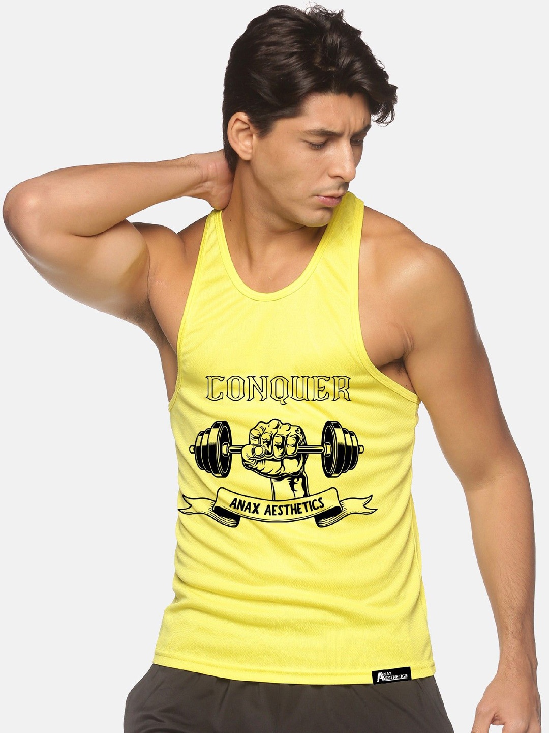 

Anax Aesthetics Men Polyester Dri-Fit Printed Sleeveless Sando Gym Vest Stringer Tank Top, Yellow