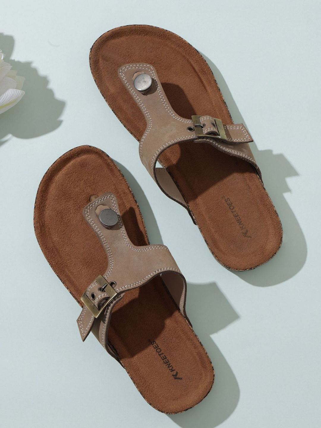 

KNEETOES Women Leather T-Strap Flats Open Toe Flats, Beige