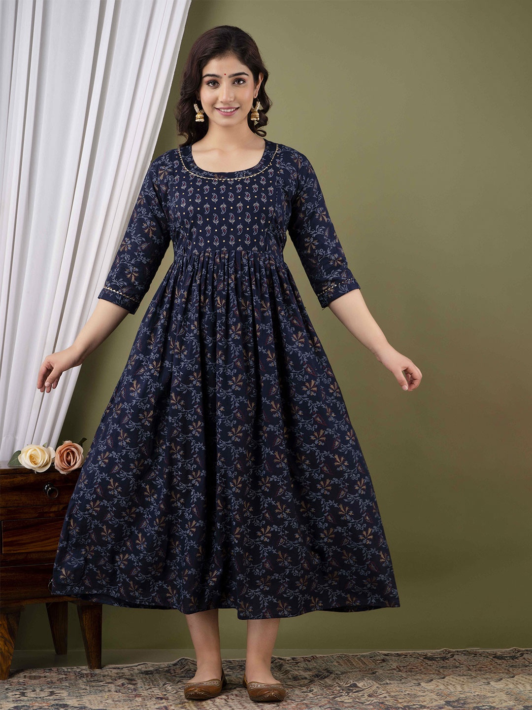 

FEMARY Women Cotton Floral Printed Maternity Midi Fit and Flare Dress, Navy blue