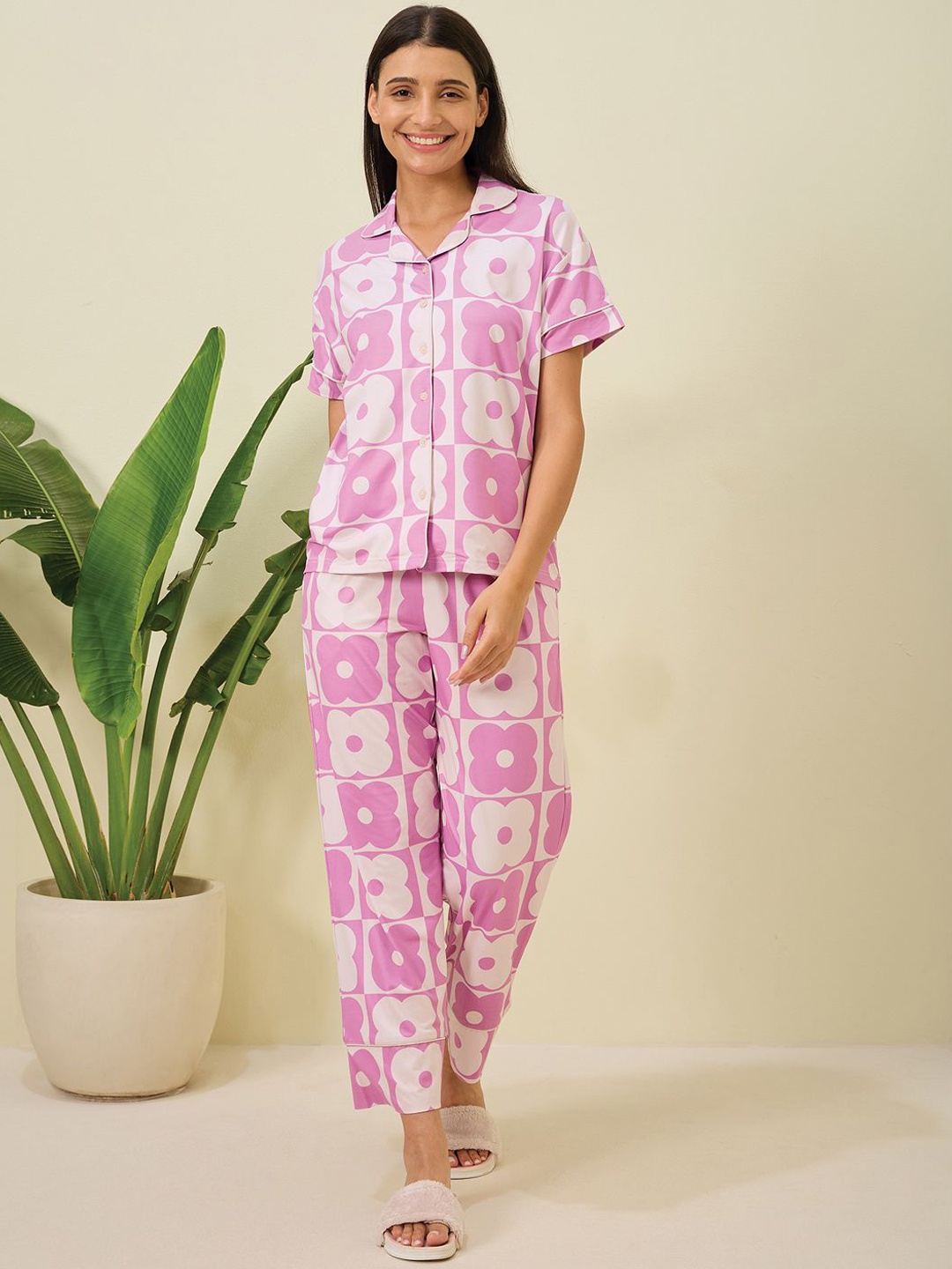 

Sweet Dreams Women Printed Shirt Collar Night Suit, Purple