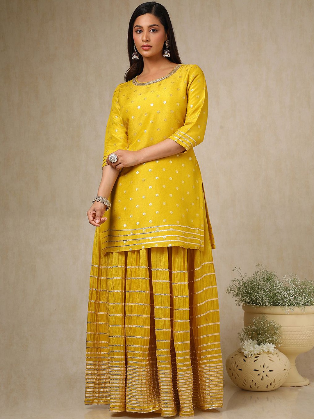 

Soch Women Ethnic Motifs Regular Beads and Stones Kurta with Skirt & With Dupatta, Mustard