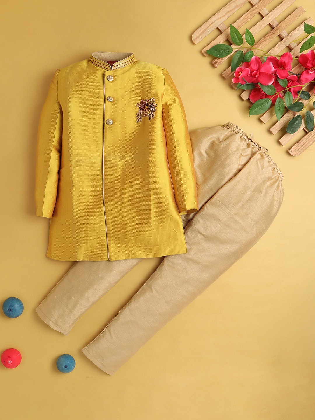 

Jeetethnics Boys Embroidered Regular Kurta with Pyjamas, Yellow