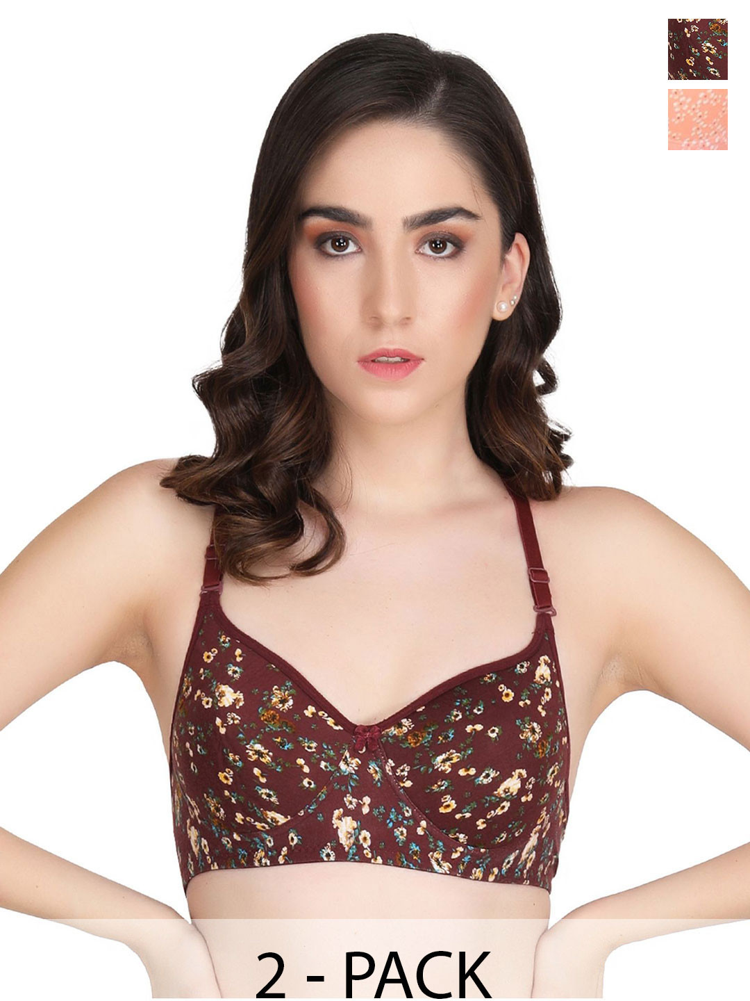 

Liigne Pack Of 2 Floral Printed Cotton Full Coverage Lightly Padded Bra, Brown