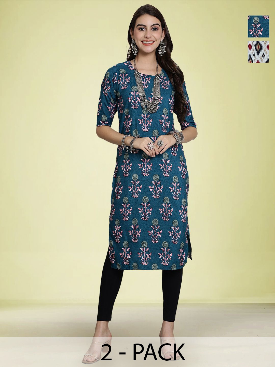 

Moda Rapido Selection Of 2 Floral Printed Round Neck Straight Kurtas, Blue