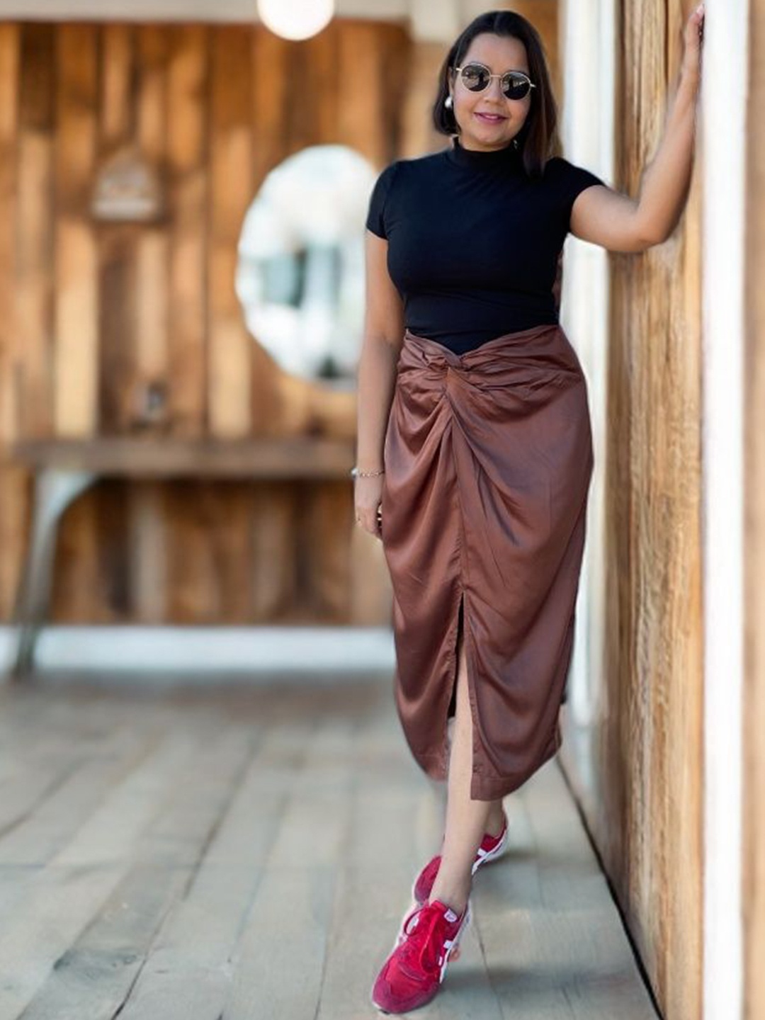 

Label Tanvee Women Front Knot Midi Skirt, Brown