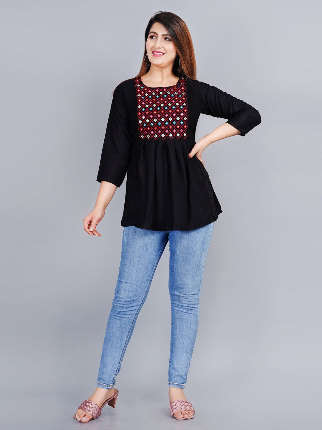 

L.H HANDICRAFTS Women Embroidered Top, Black