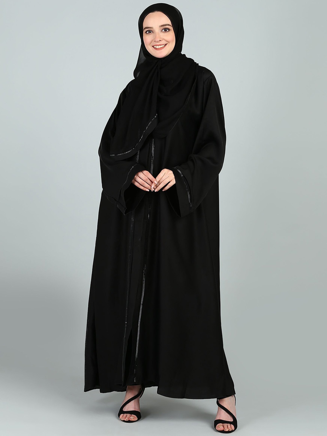 

BROKE BRAND Front Open Abaya Burqa With Lace Details, Black