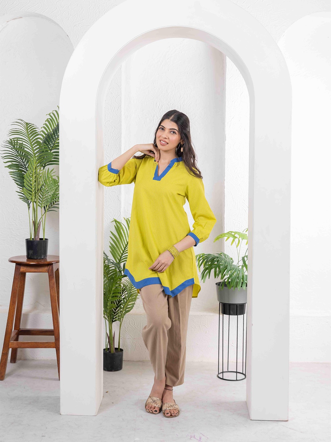 

INAAYA JAIPUR Women Vertical Stripes Striped Cotton A-Line Top, Lime green