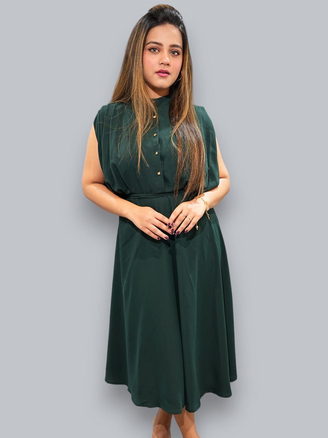 

BELLO DONA CLOTHING Crepe Fit & Flare Midi Dress, Green