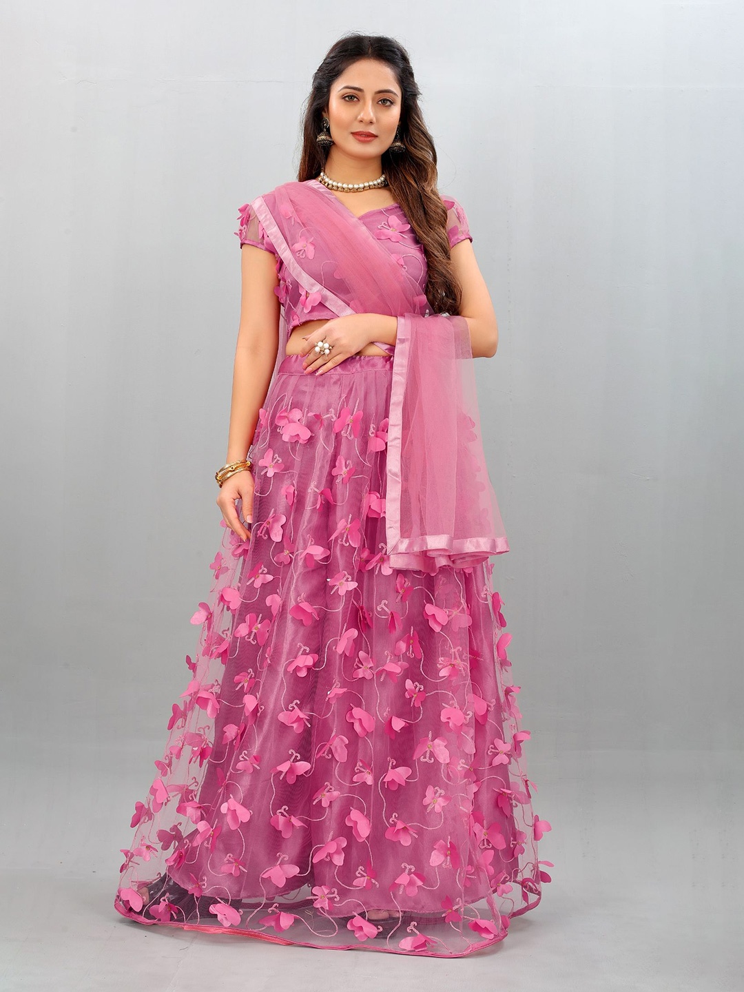 

A TO Z CART Embroidered Thread Work Semi-Stitched Lehenga & Unstitched Blouse With Dupatta, Peach