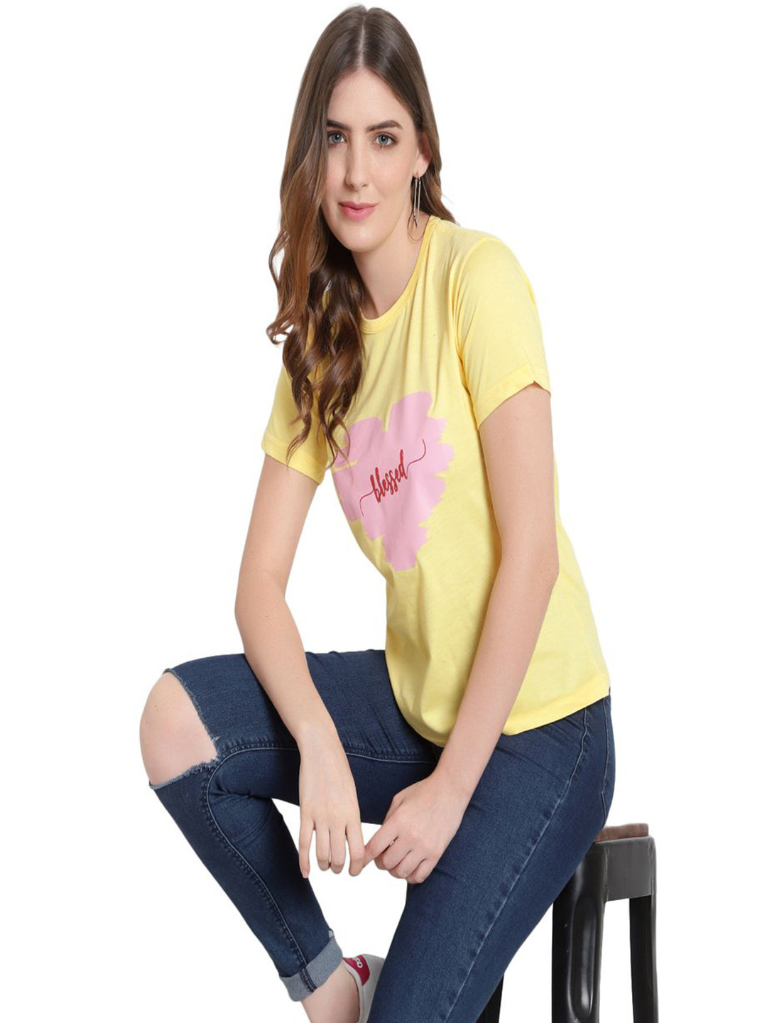 

DEEPMAYRA COLLECTION Women Printed Cotton T shirts, Yellow