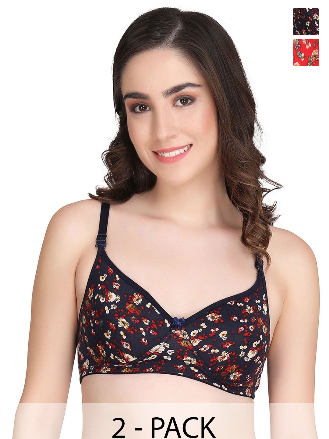 

Liigne Women Pack of 2 Floral Print Pure Cotton Full Coverage Lightly Padded Everyday Bras, Red