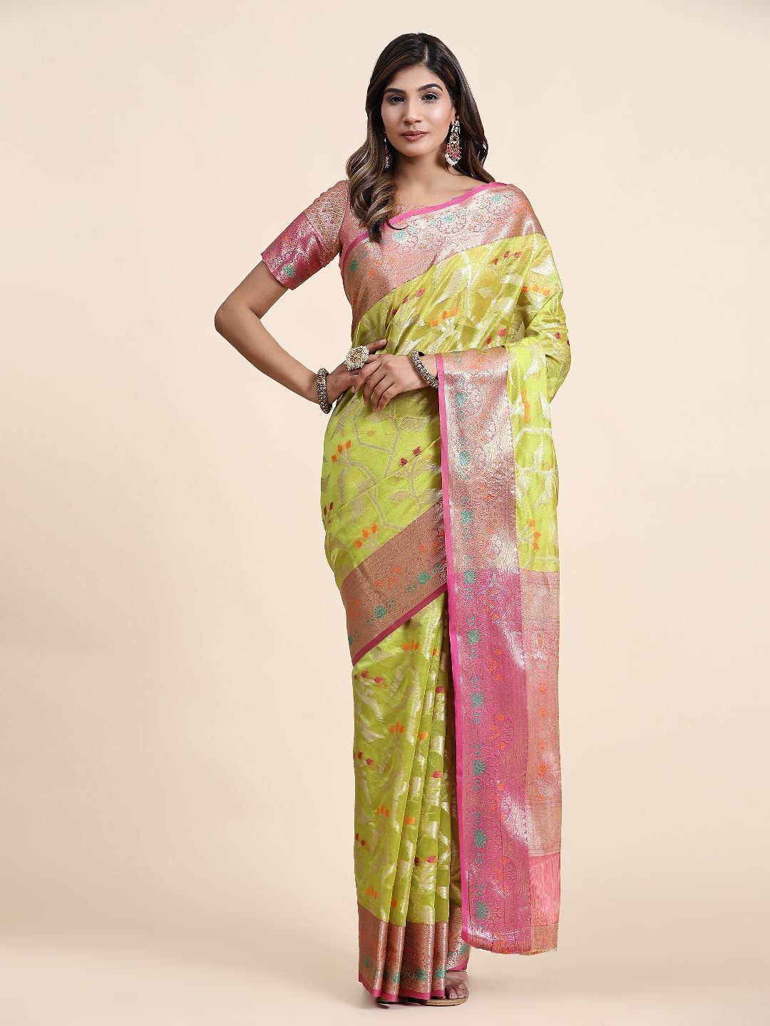 

DHRUTI CREATION Woven Design Zari Organza Heavy Work Saree, Olive