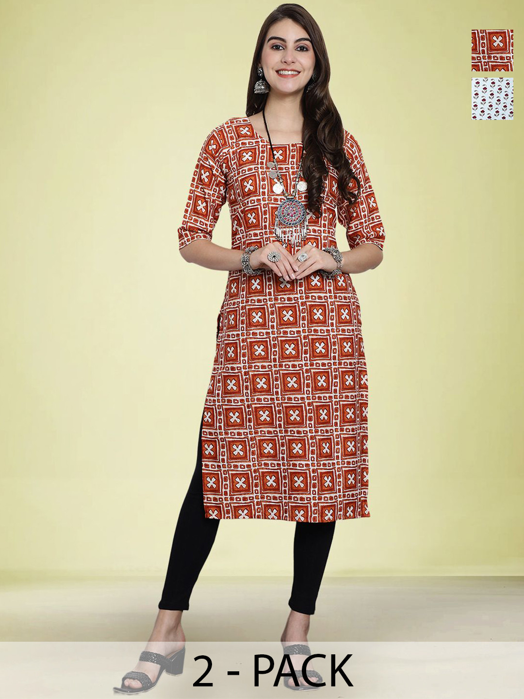 

Moda Rapido Pack Of 2 Floral Printed Round Neck Ethnic Straight Kurtas, Orange
