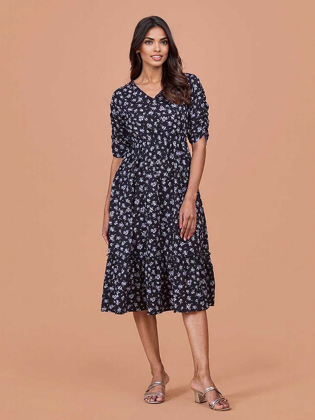 

DressBerry Women Floral Printed Cotton Fit & Flare Midi Dress, Black