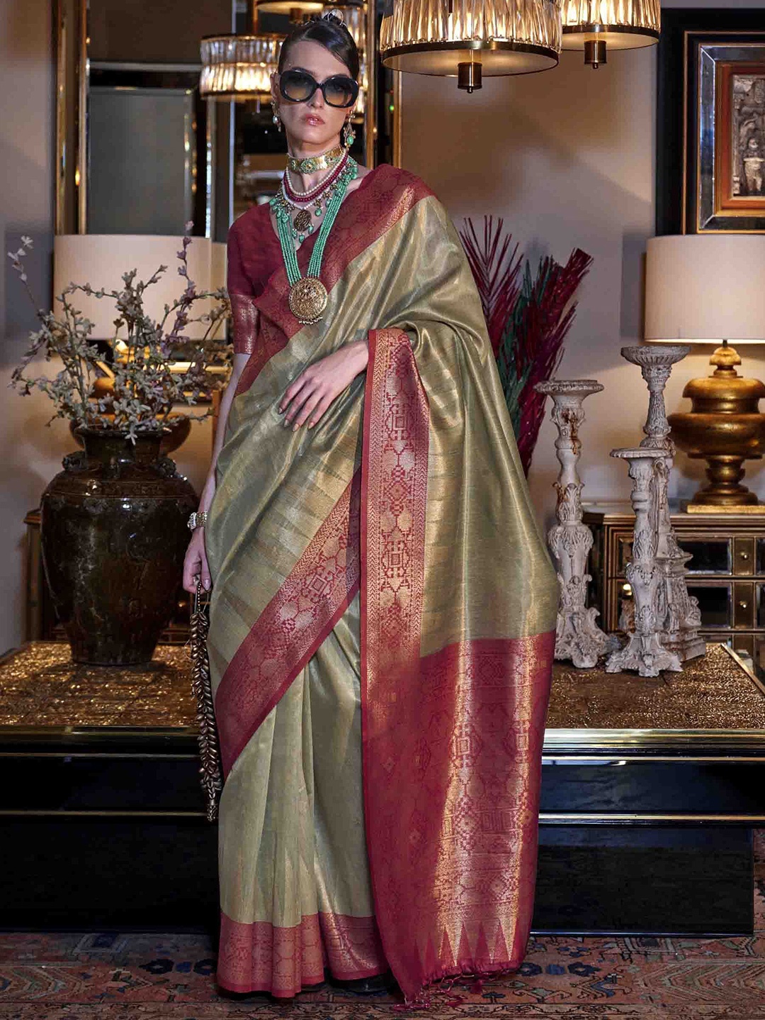 

Blissta Woven Design Tissue Saree, Green