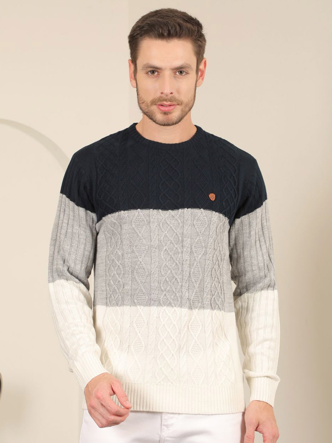 

COBB Men Colourblocked Pullover Sweaters, Cream