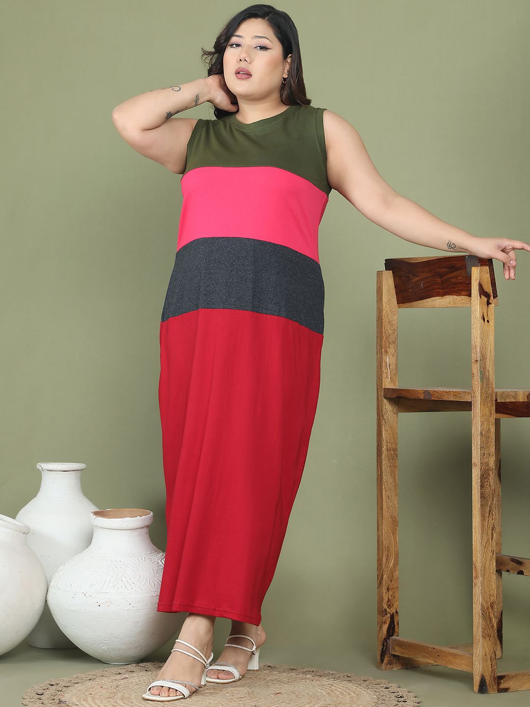 

theRebelinme Colourblocked A-Line Maxi Dress, Olive