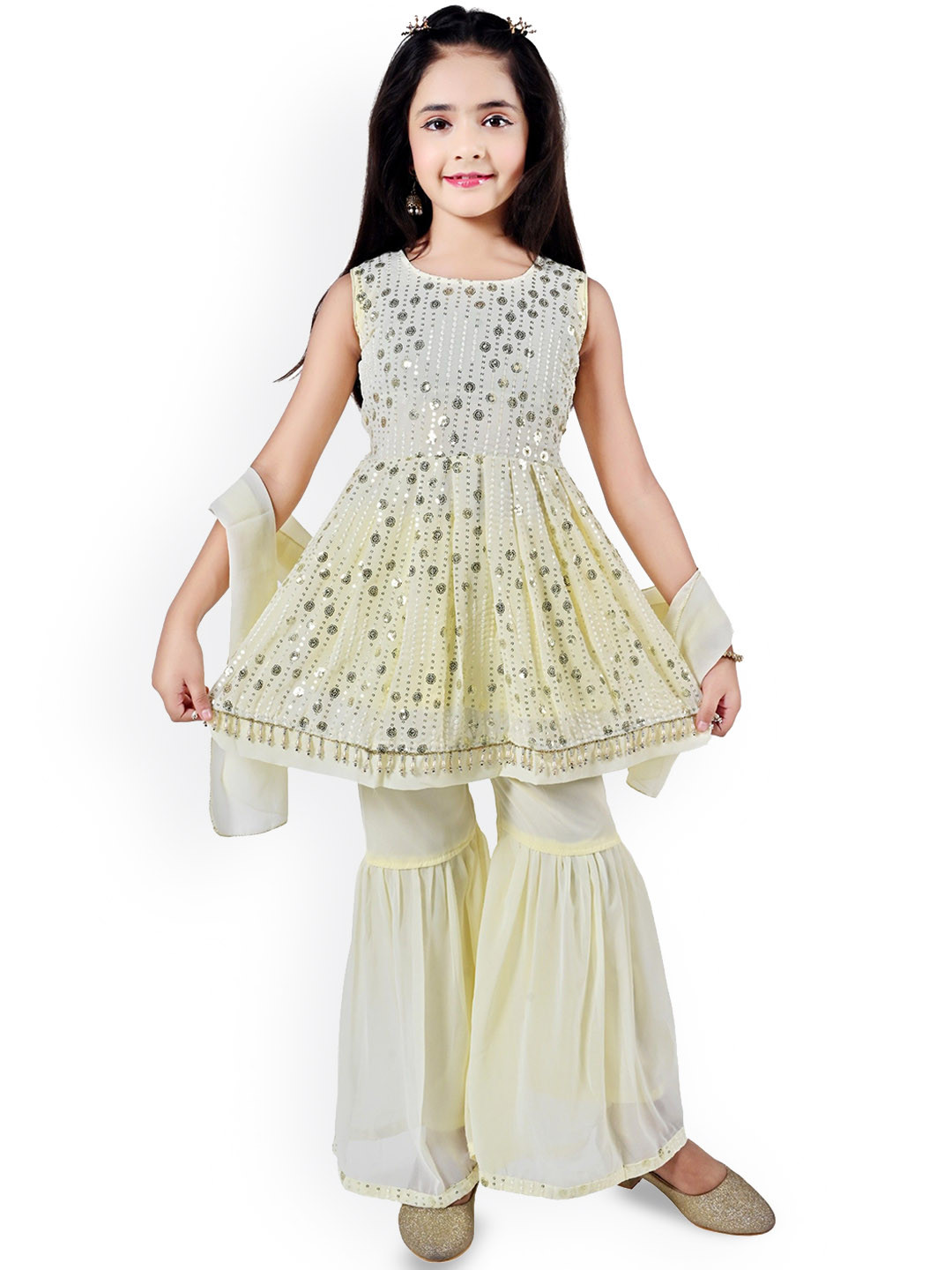 

Arshia Fashions Girls Striped Sequinned Georgette Anarkali Kurta With Sharara & Dupatta, White