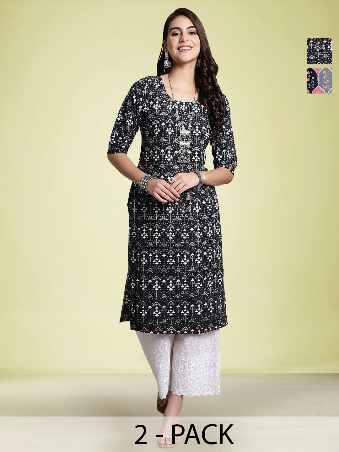 

Moda Rapido Pack of 2 Ethnic Motifs Printed Kurtas, Black