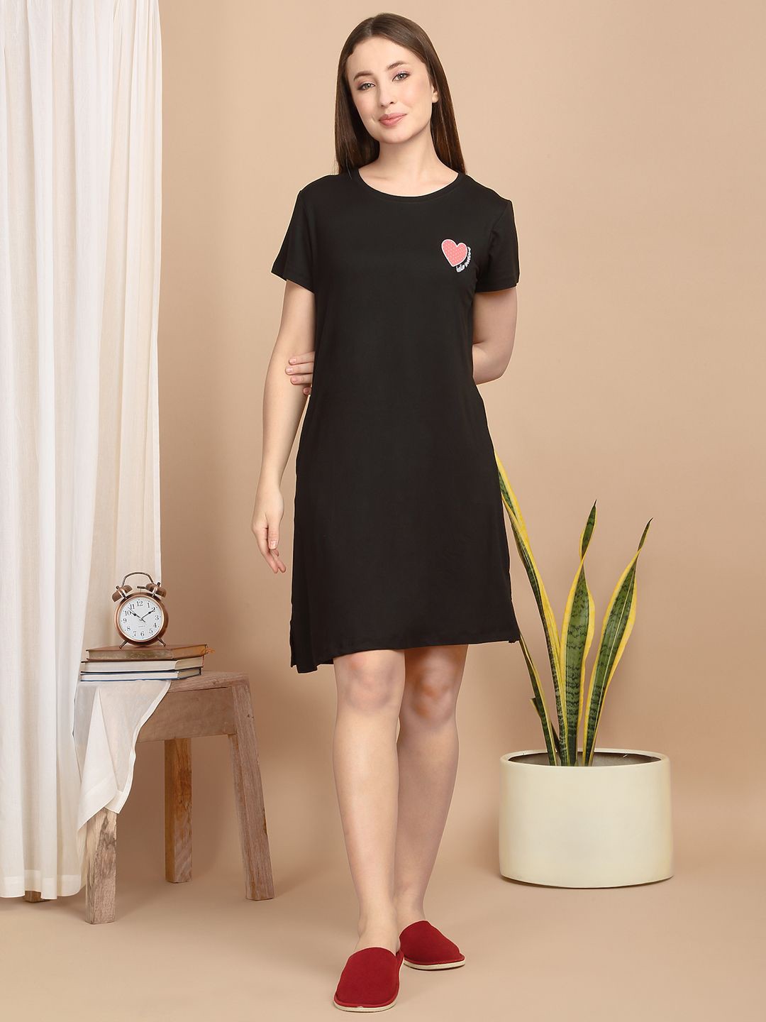 

Sweet Dreams Women Round Neck Nightdress, Black