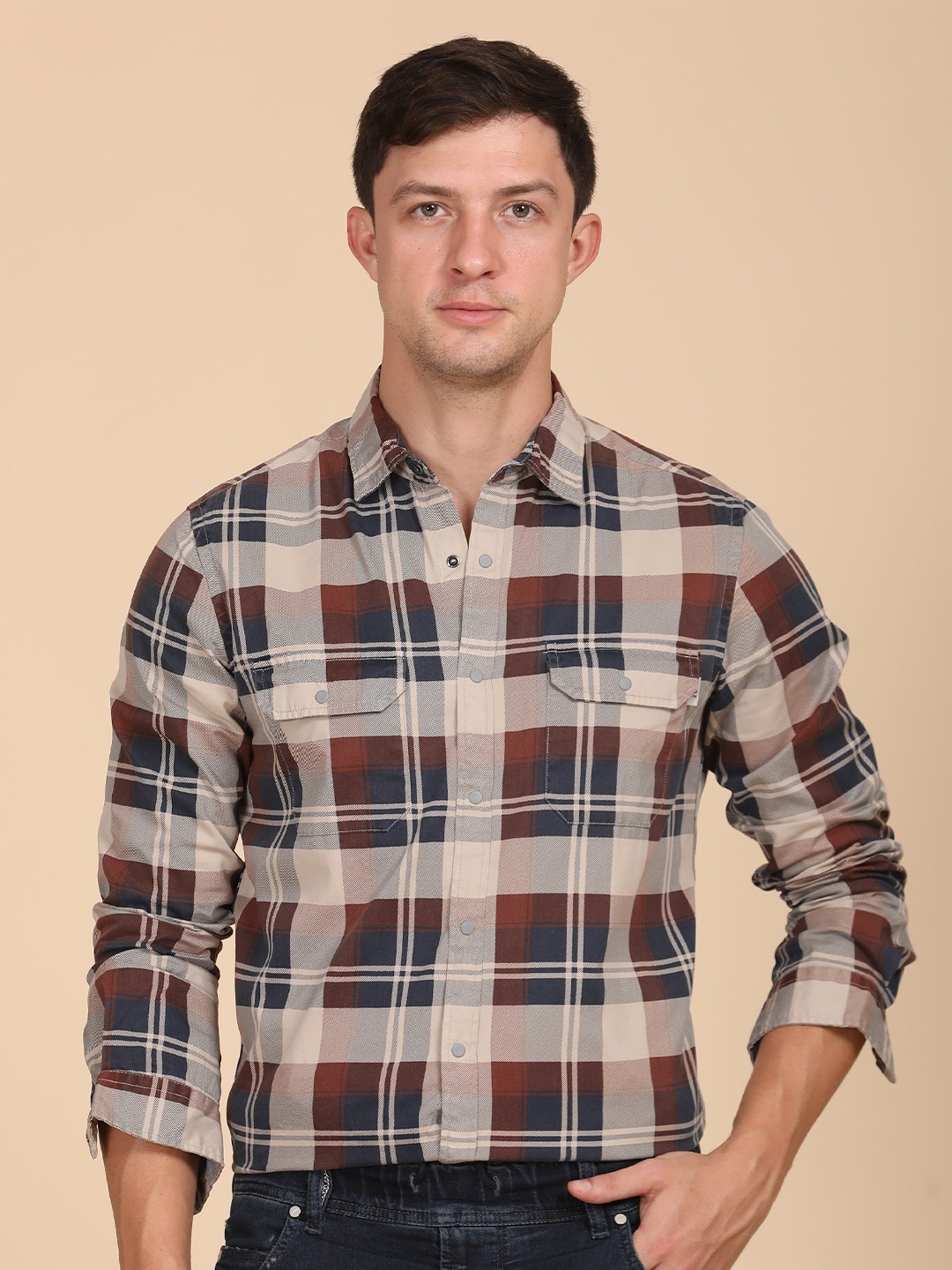 

POE Men Gaze - Overdyed Check Shirt - Beige