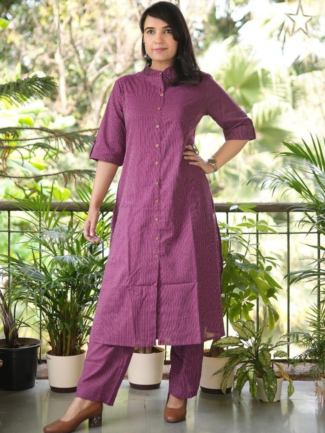 

KOTHOTYA Women Striped Regular Kurta with Palazzos, Purple
