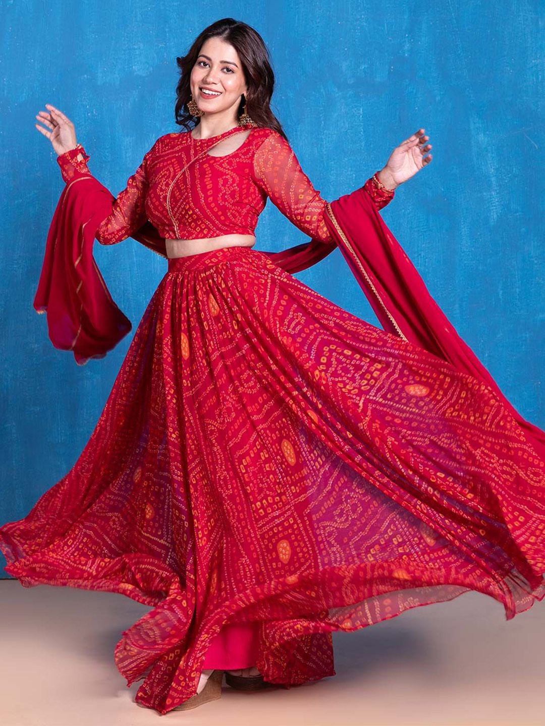 

NUD Printed Ready to Wear Lehenga & Blouse With Dupatta, Red