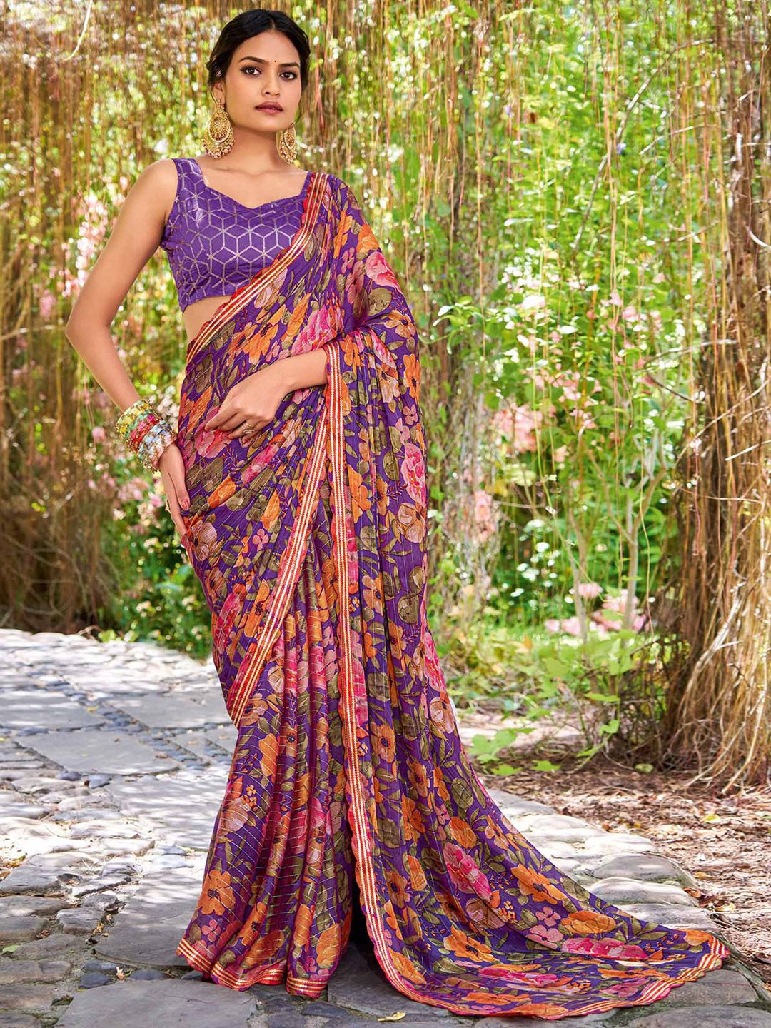 

Peachmode Floral Sequinned Pure Chiffon Saree, Purple