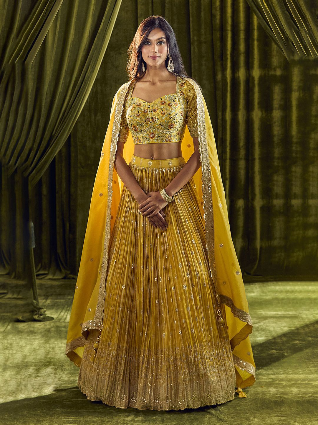 

Alaya Advani Embroidered Mirror Work Ready to Wear Lehenga & Blouse With Dupatta, Yellow