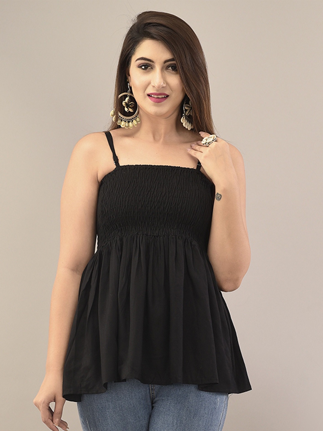 

VYMO Women Shoulder Straps Sleeveless Peplum Top, Black