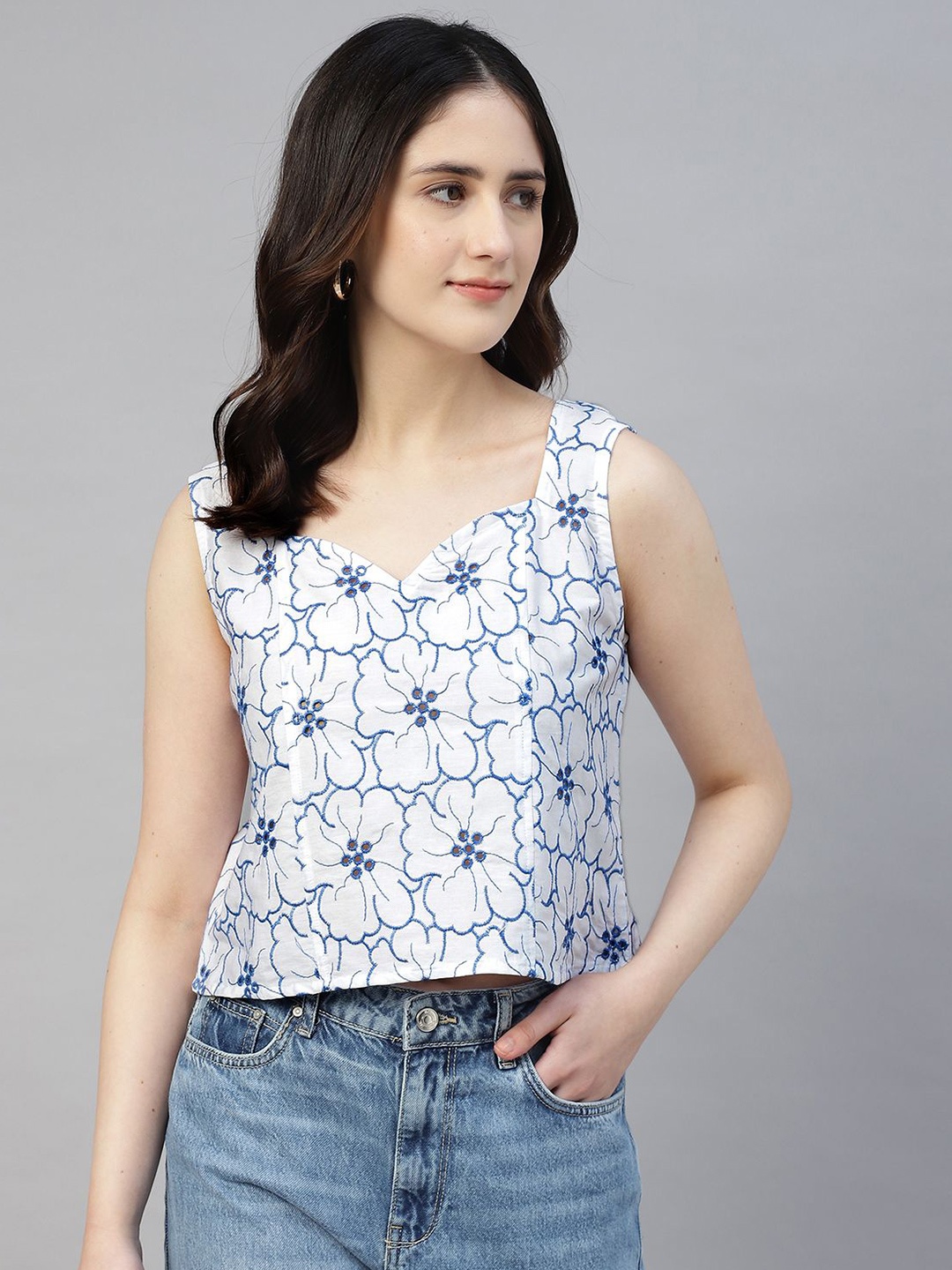 

Sands of India Floral Print Cotton Crop Top, White