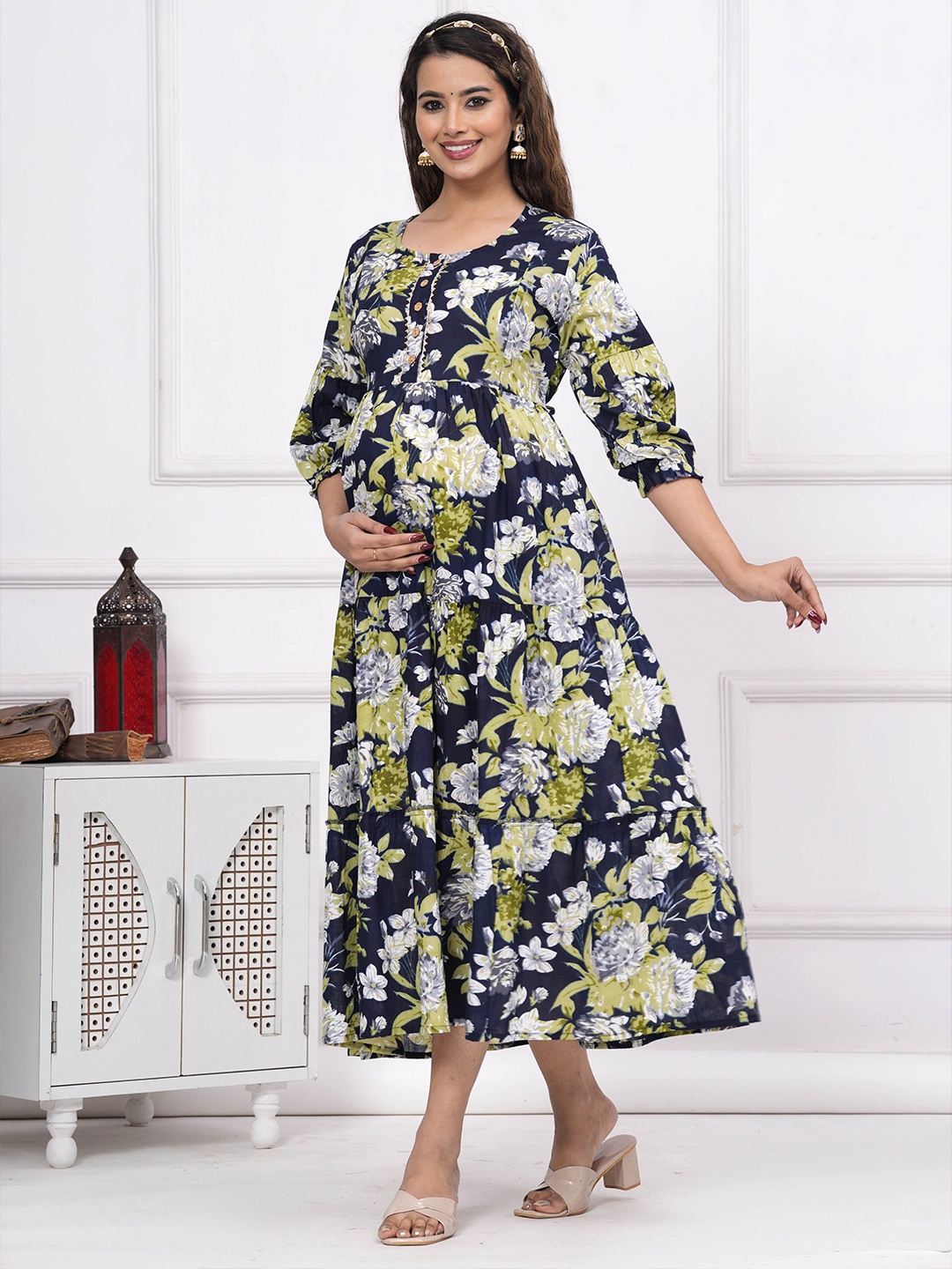 

UrbanRang Floral Printed Maternity Tiered Cotton Fit and Flare Midi Dress, Blue