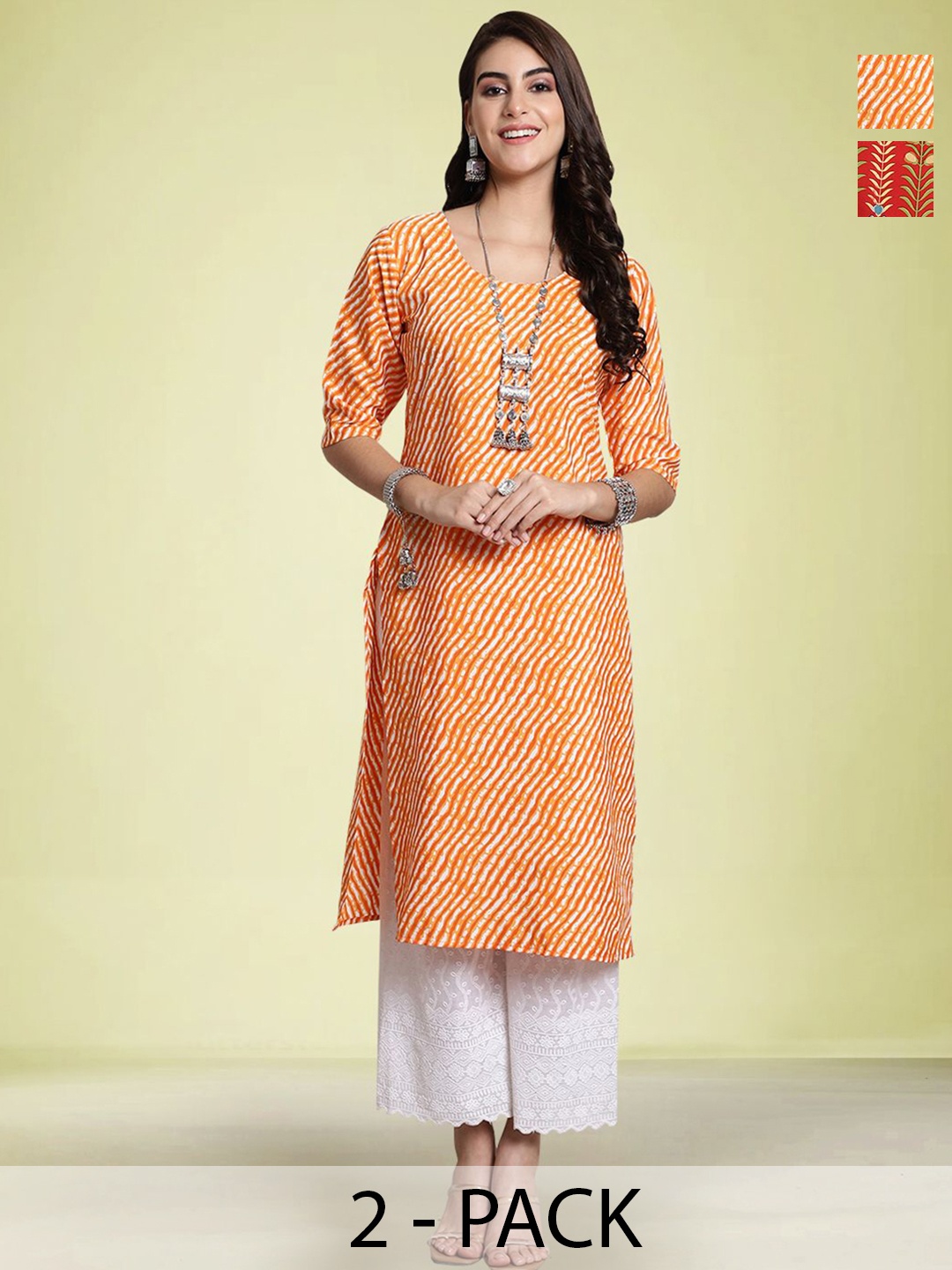 

Moda Rapido Selection Of 2 Leheriya Printed Straight Kurtas, Orange