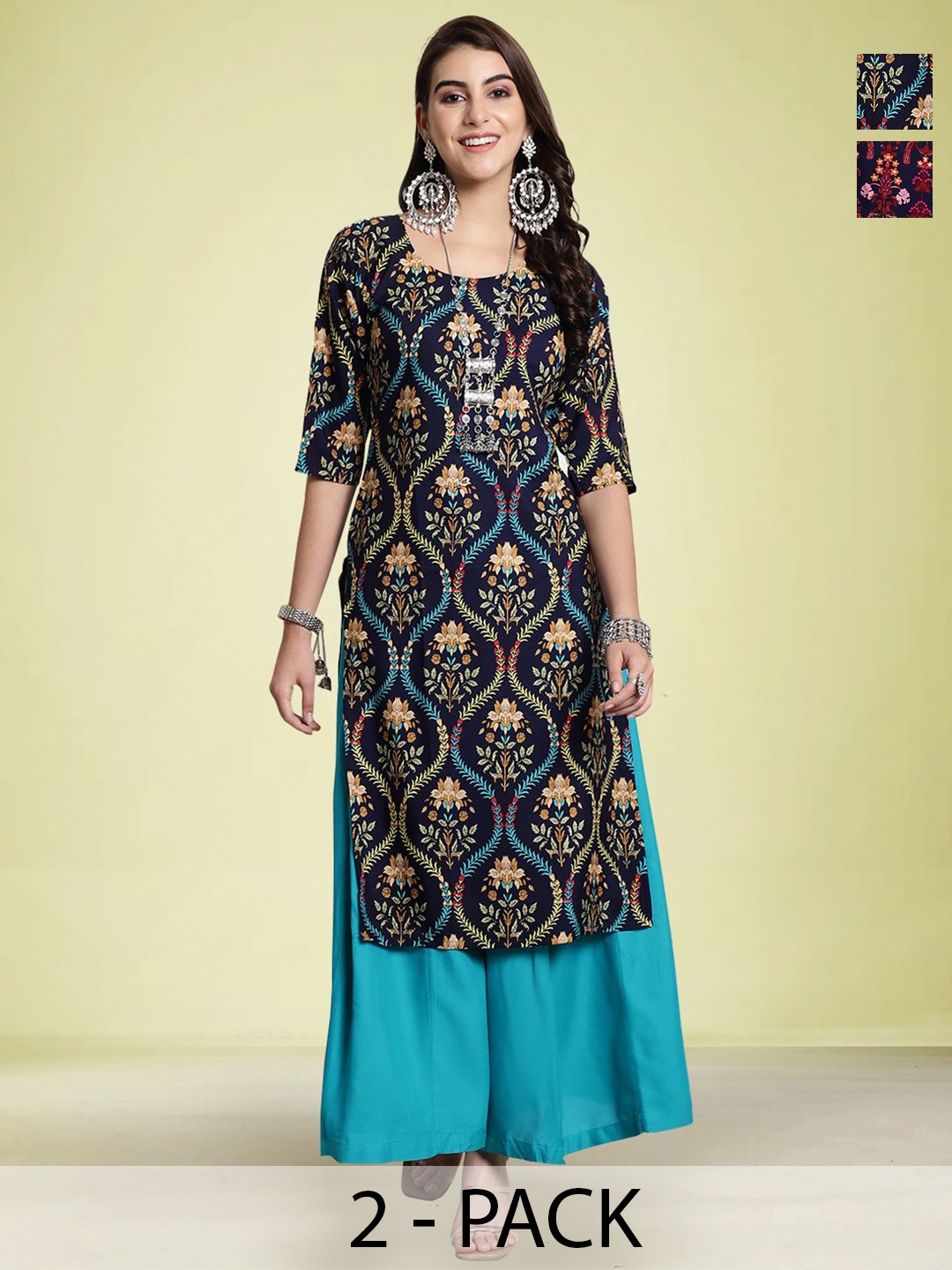 

Moda Rapido Selection Of 2 Floral Printed Round Neck Straight Kurtas, Blue