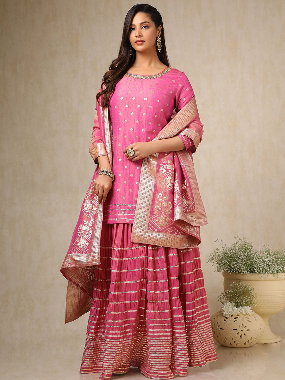 

Soch Women Floral Regular Beads and Stones Kurta with Skirt & With Dupatta, Pink