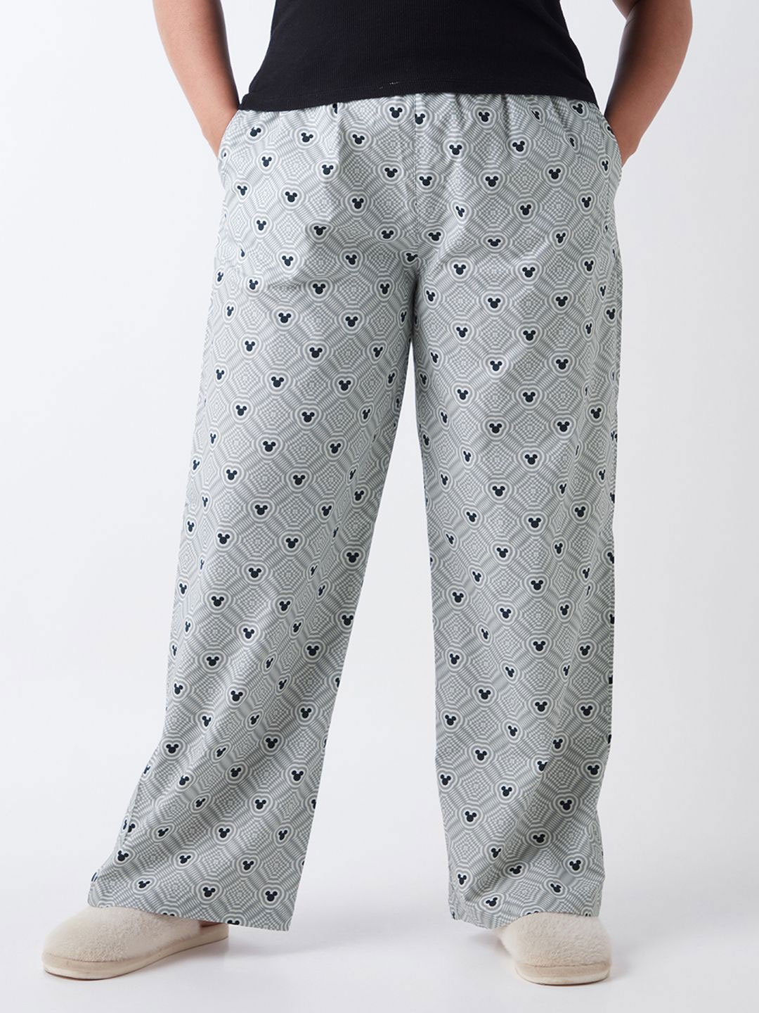 

Bewakoof Plus Women Grey All Over Printed Wide Leg Pyjamas