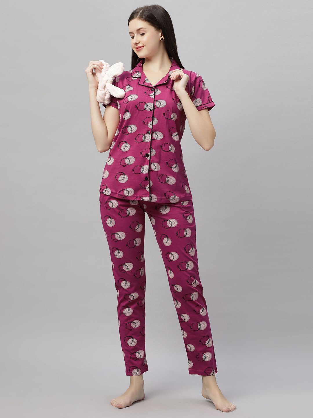 

DZZO Women Printed Night suit, Pink