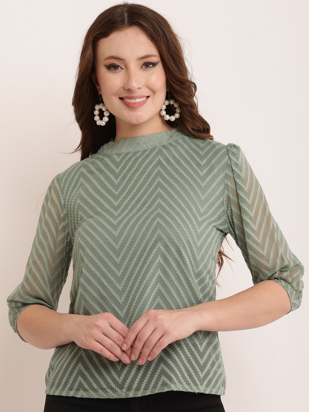 

Bright Nex Women Mandarin Collar Puff Sleeve Georgette Top, Green