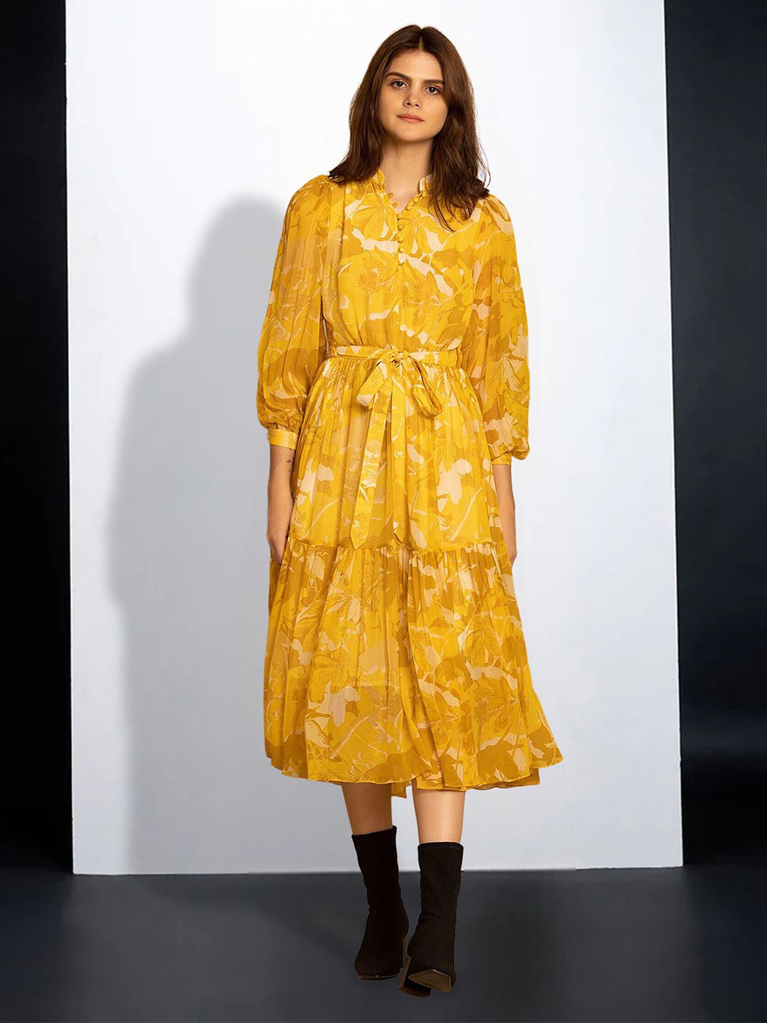 

MISS AYSE Floral Print Applique Fit & Flare Dress, Yellow
