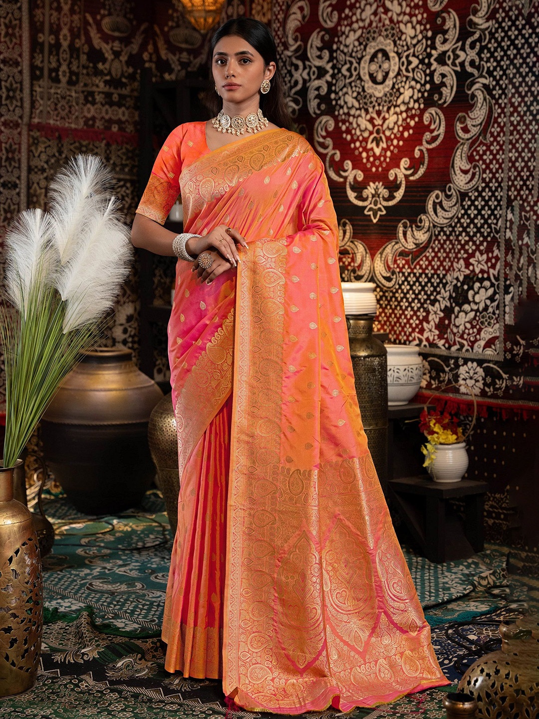 

MAHALASA Woven Design Zari Pure Silk Banarasi Saree, Peach