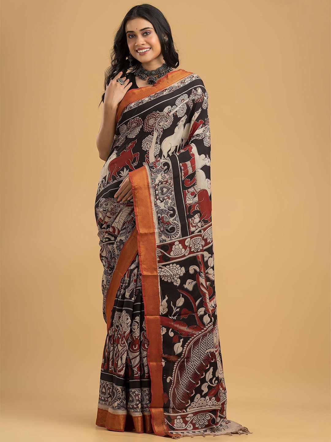 

Dheu Kalamkari Zari Block Print Saree, Black