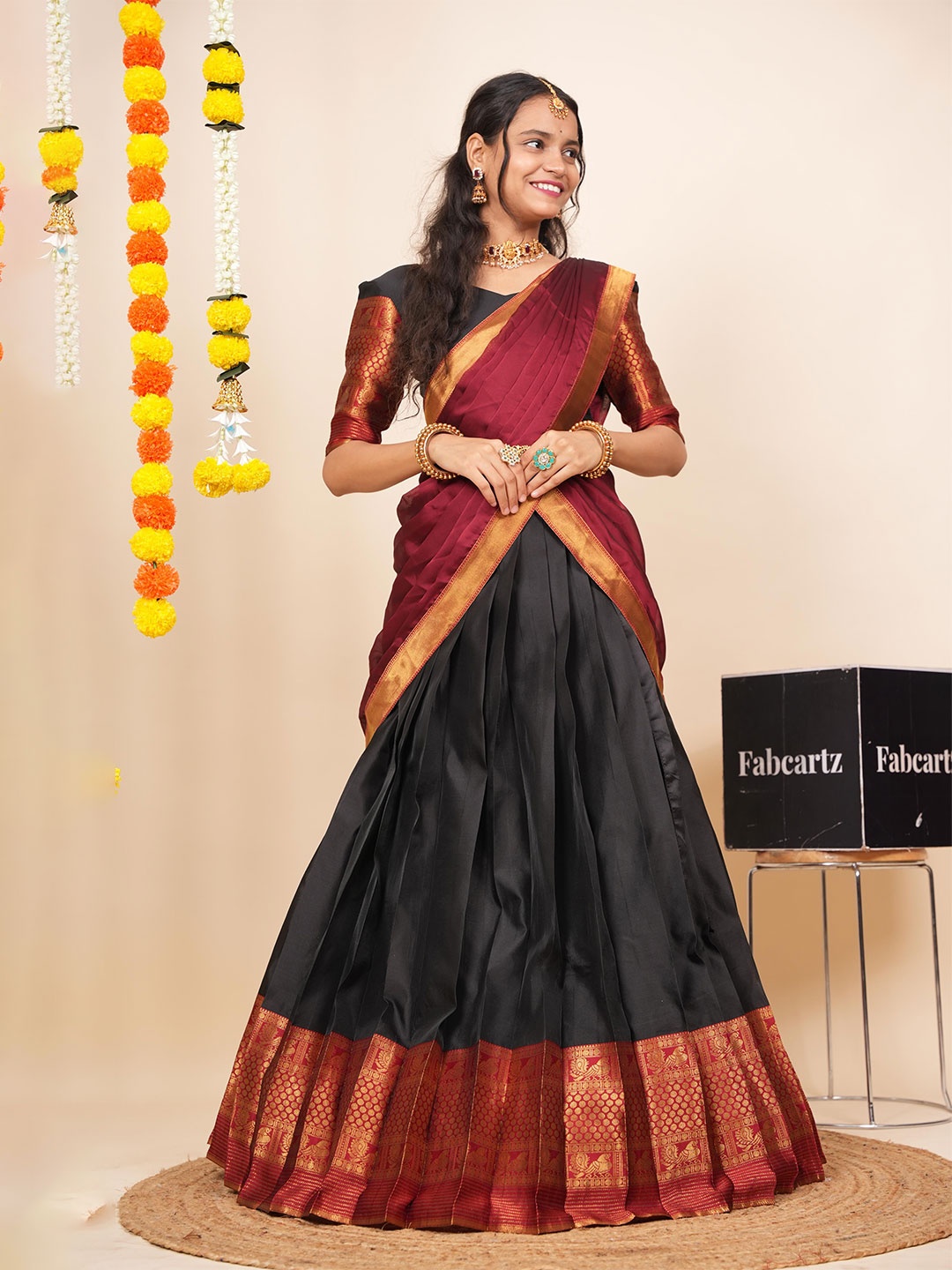 

Fabcartz Semi-Stitched Lehenga & Unstitched Blouse With Dupatta, Black