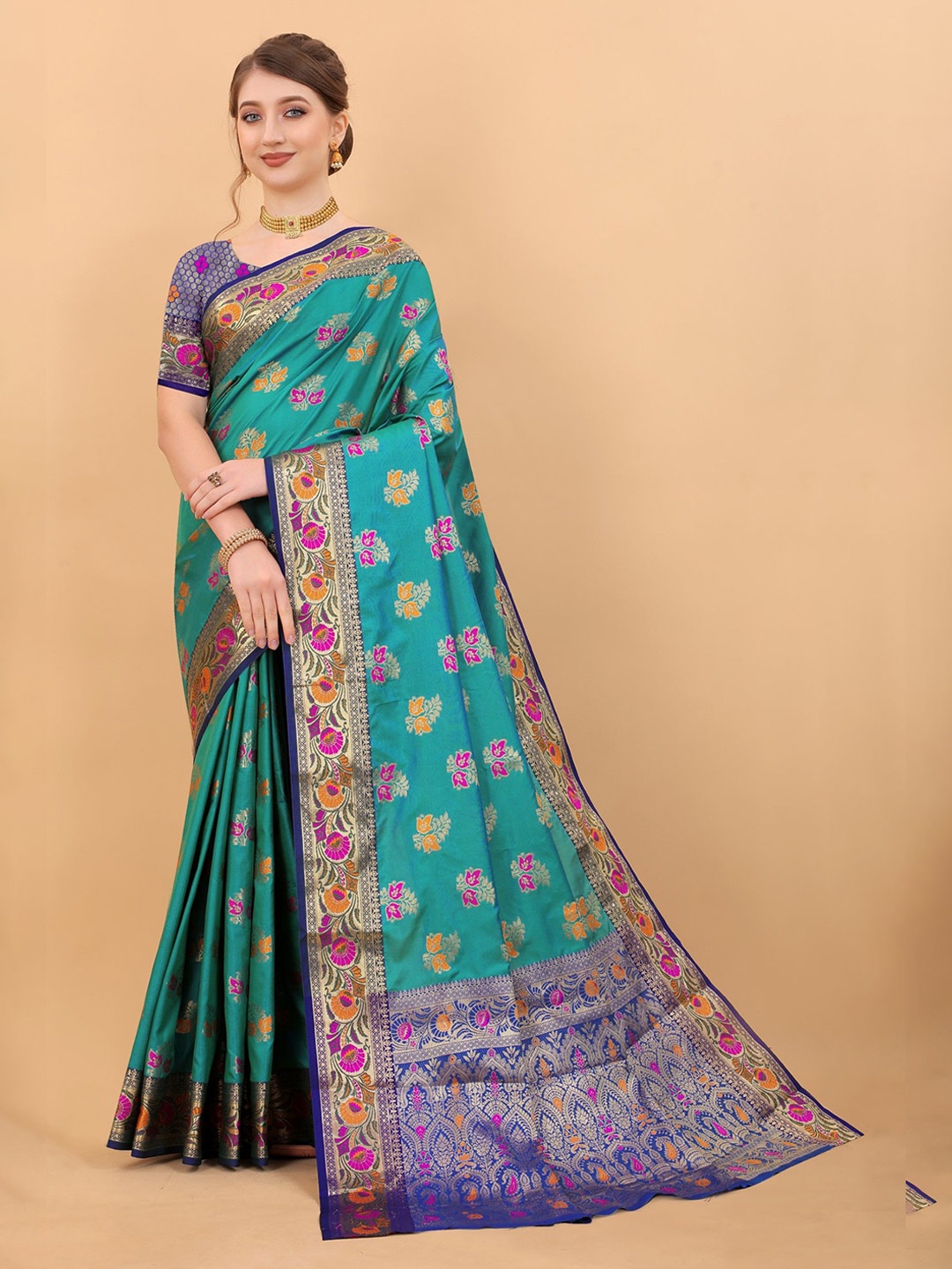

LeeliPeeri Designer Woven Design Floral Zari Banarasi Saree, Blue