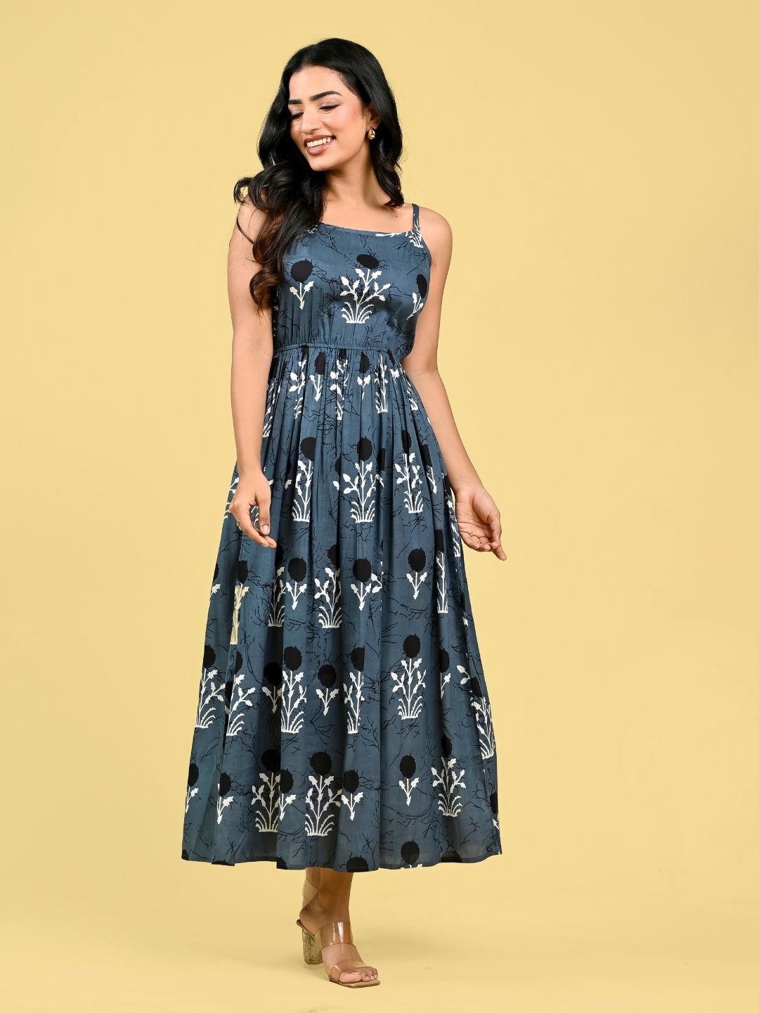 

RAAKA Floral Printed Shoulder Straps Fit & Flare Midi Dress, Grey