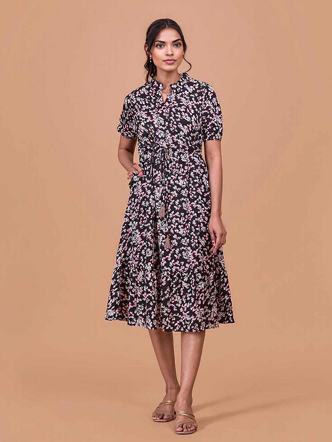 

DressBerry Floral Print Fit & Flare Midi Dress, Black