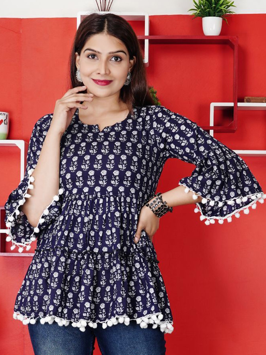 

L.H HANDICRAFTS Women Floral Printed Bell Sleeves Cotton Empire Crop Top, Navy blue
